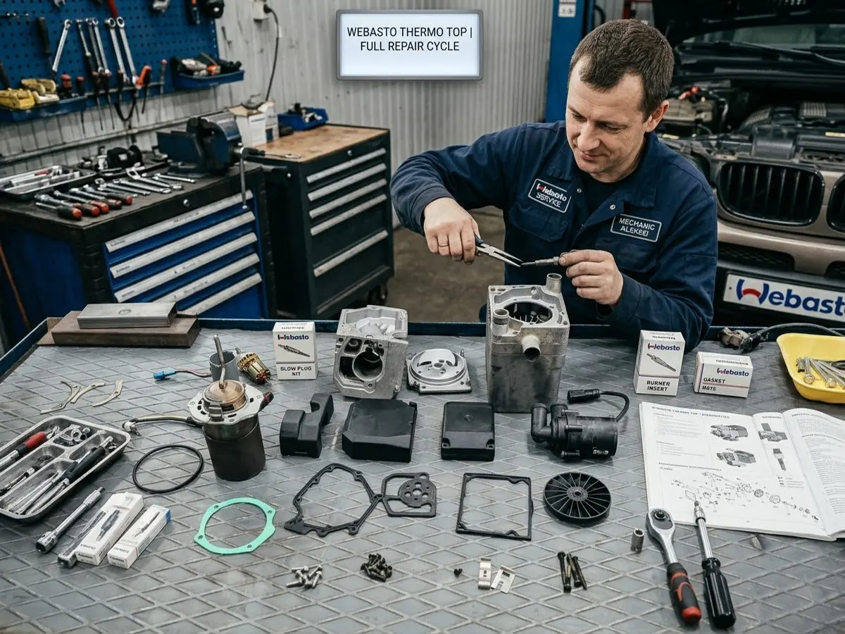 Мастер разбирает отопитель Webasto Thermo Top на рабочем столе мастерской